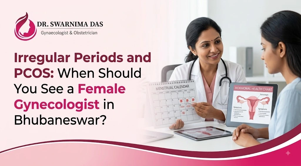 Female gynecologist discussing irregular periods and PCOS with a patient