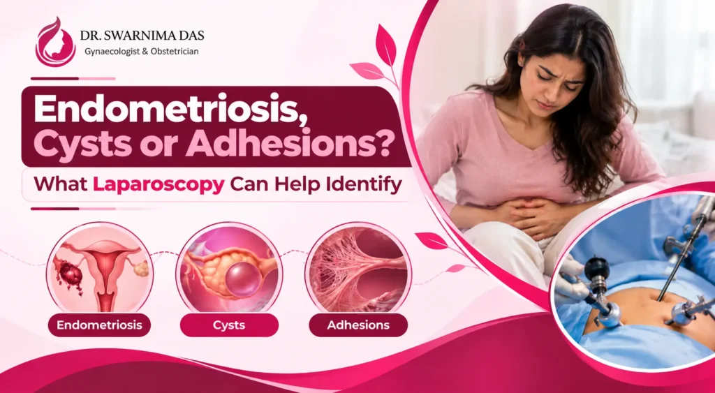 Medical illustration of pelvic endometriosis, ovarian cysts and adhesions examined during laparoscopy