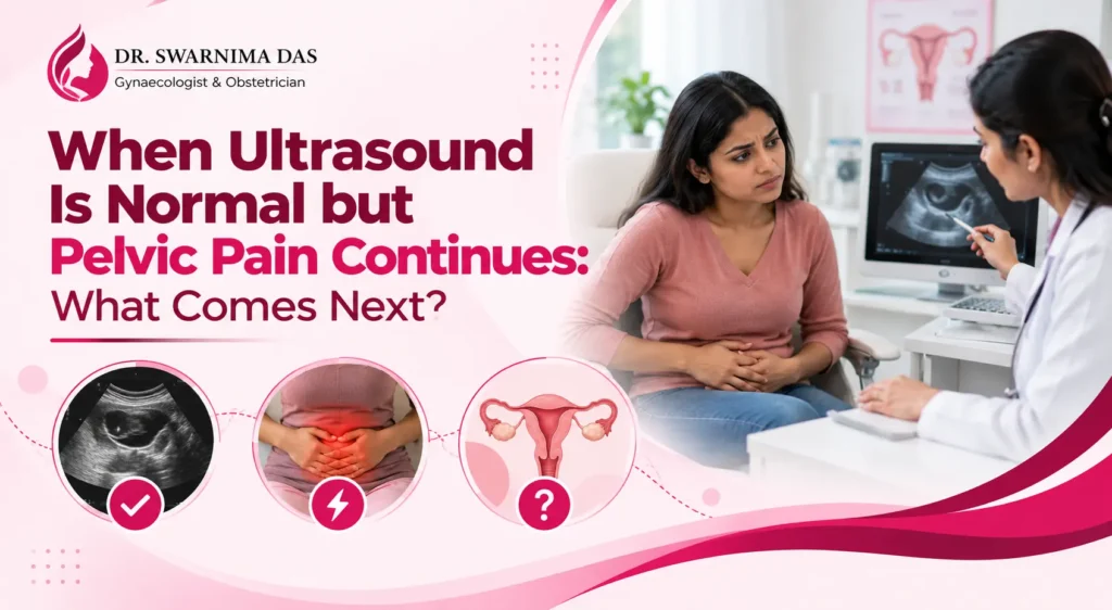 Woman discussing persistent pelvic pain and normal ultrasound results with a gynecologist